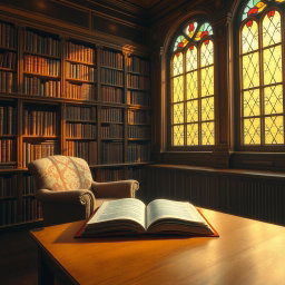 A serene, atmospheric depiction of a classic library setting, rich wood paneling, overflowing bookshelves filled with ancient tomes, and a warm golden light filtering through large stained glass windows, casting colorful shadows