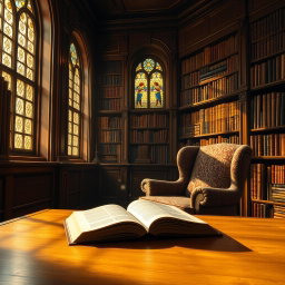 A serene, atmospheric depiction of a classic library setting, rich wood paneling, overflowing bookshelves filled with ancient tomes, and a warm golden light filtering through large stained glass windows, casting colorful shadows