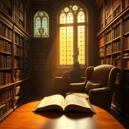 A serene, atmospheric depiction of a classic library setting, rich wood paneling, overflowing bookshelves filled with ancient tomes, and a warm golden light filtering through large stained glass windows, casting colorful shadows