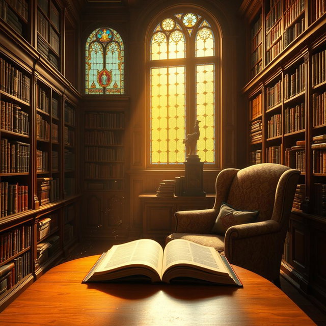 A serene, atmospheric depiction of a classic library setting, rich wood paneling, overflowing bookshelves filled with ancient tomes, and a warm golden light filtering through large stained glass windows, casting colorful shadows