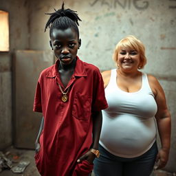 In a run-down room, a young African black woman, notably short and malnourished at 20 years old, with very dark skin and an angry expression