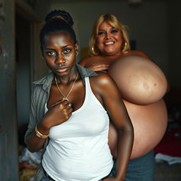 In a shabby room, a young African black woman, notably short and malnourished at 20 years old, with very dark skin and an angry expression