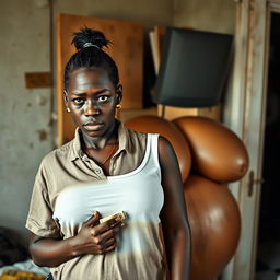 In a shabby room, a young African black woman, notably short and malnourished at 20 years old, with very dark skin and an angry expression