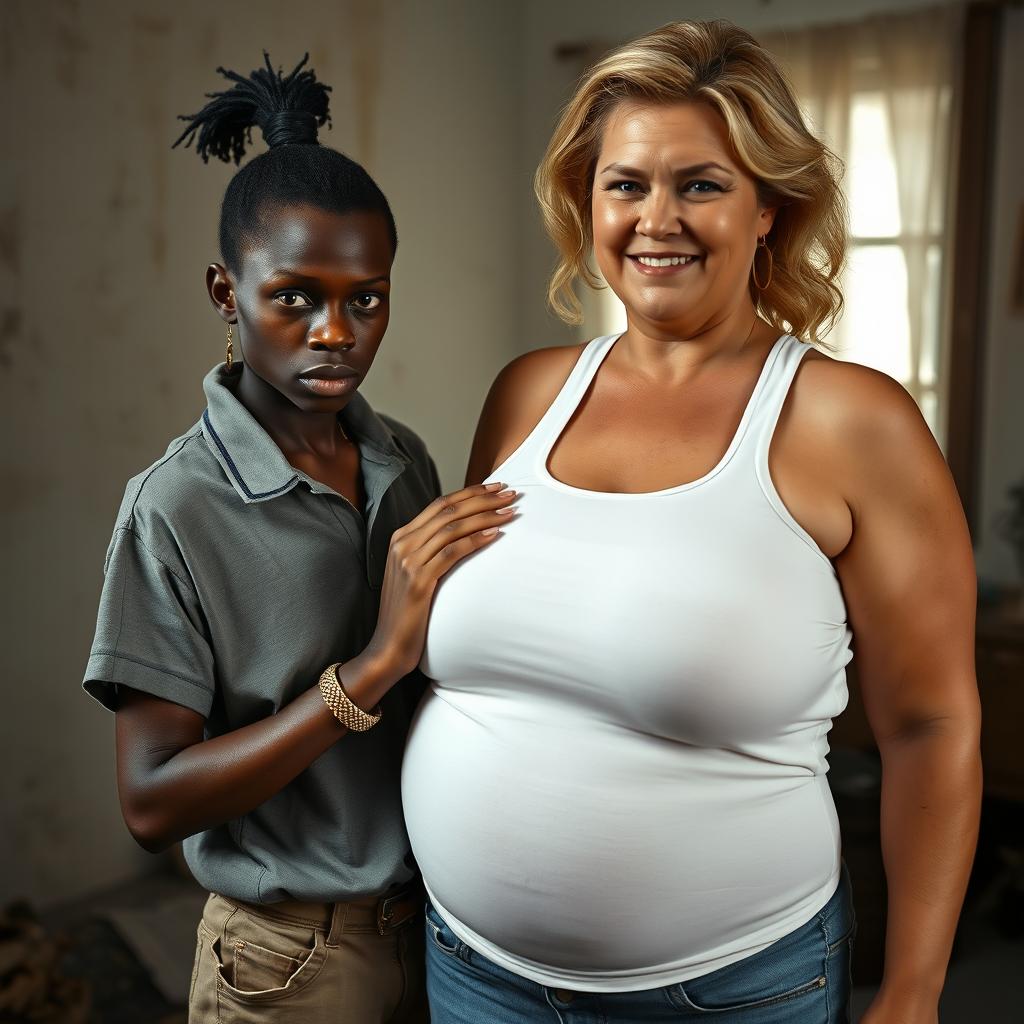 In a shabby room, a young African black woman, notably short and malnourished at 20 years old, with very dark skin and an angry expression