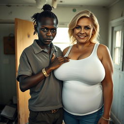In a dilapidated room, a young African black woman, notably short and malnourished at 20 years old, with very dark skin and an angry expression