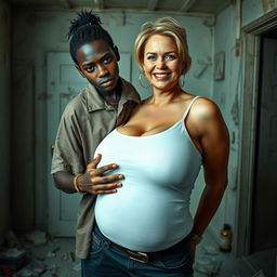 In a dilapidated room, a young African black woman, notably short and malnourished at 20 years old, with very dark skin and an angry expression