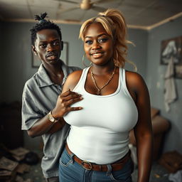 In a dilapidated room, a young African black woman, notably short and malnourished at 20 years old, with very dark skin and an angry expression