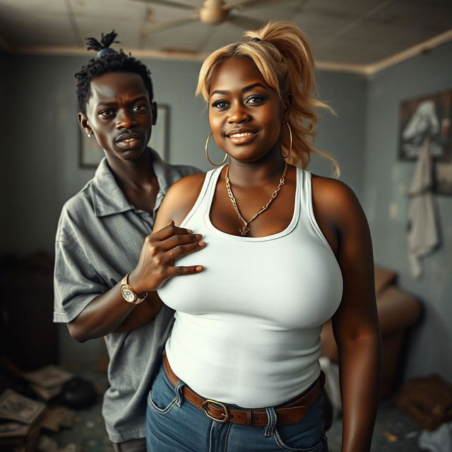 In a dilapidated room, a young African black woman, notably short and malnourished at 20 years old, with very dark skin and an angry expression