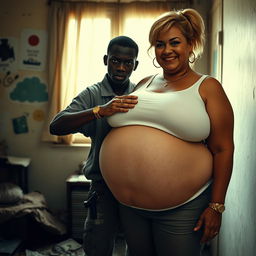 In a dilapidated room, a young African black woman, notably short and malnourished at 20 years old, with very dark skin and an angry expression