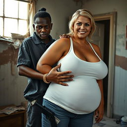 In a dilapidated room, a young African black woman, notably short and malnourished at 20 years old, with very dark skin and an angry expression
