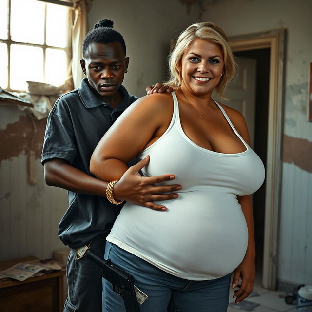 In a dilapidated room, a young African black woman, notably short and malnourished at 20 years old, with very dark skin and an angry expression