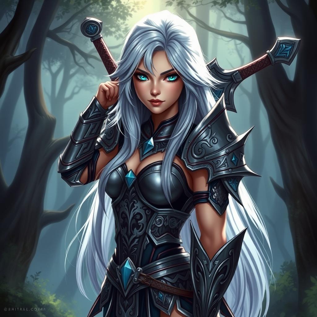 A captivating character design of a fantasy female warrior, known for her bold presence and striking appearance