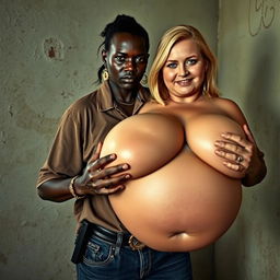 In a poor room, a young black African woman, notably short and malnourished at 20 years old, has very dark skin and an angry expression