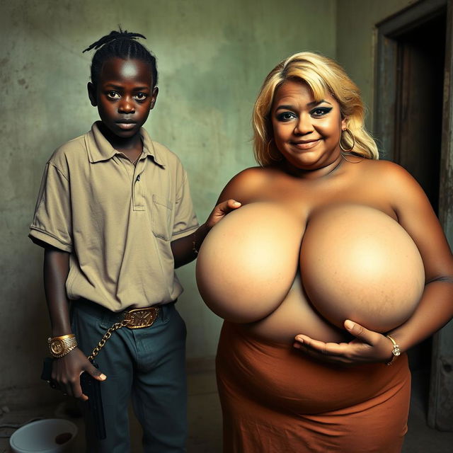 In a poor room, a young black African woman, notably short and malnourished at 20 years old, has very dark skin and an angry expression