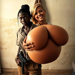 In a poor room, a young black African woman, notably short and malnourished at 20 years old, has very dark skin and an angry expression