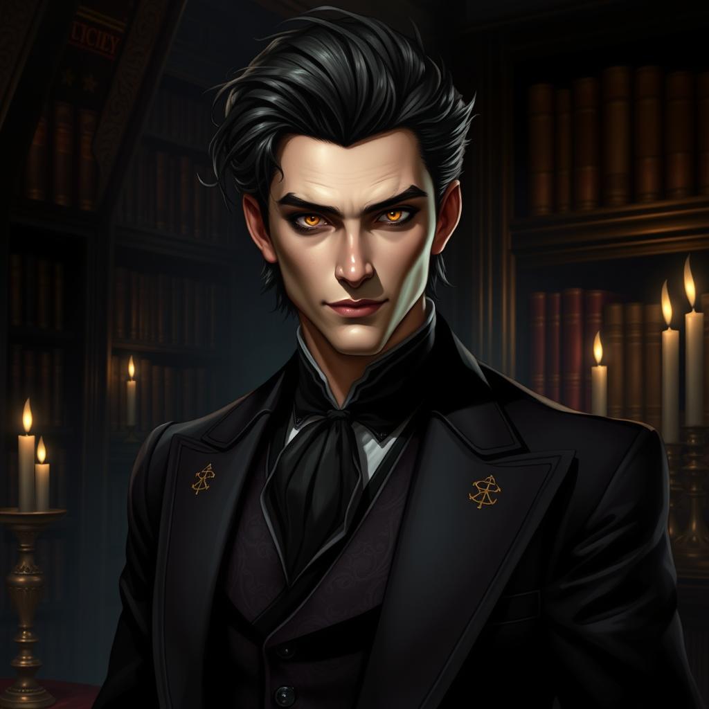 A captivating portrayal of a beautiful male Ancilla Tremere from Vampire: The Masquerade 5th Edition