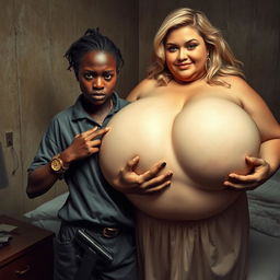 In a poor room, a young black African woman, notably short and malnourished at 20 years old, has very dark skin and an angry expression