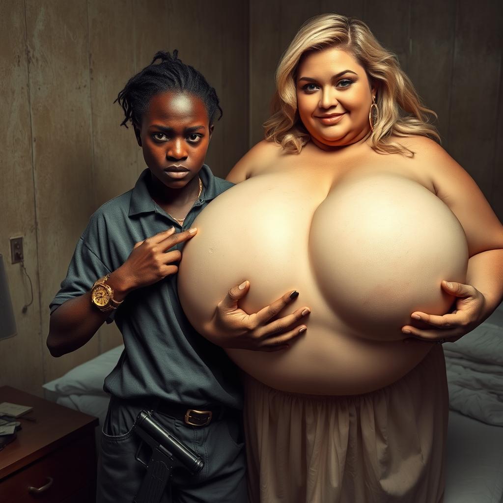 In a poor room, a young black African woman, notably short and malnourished at 20 years old, has very dark skin and an angry expression