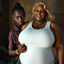 In a poor room, a young black African woman, notably short and malnourished at 20 years old, has very dark skin and an angry expression