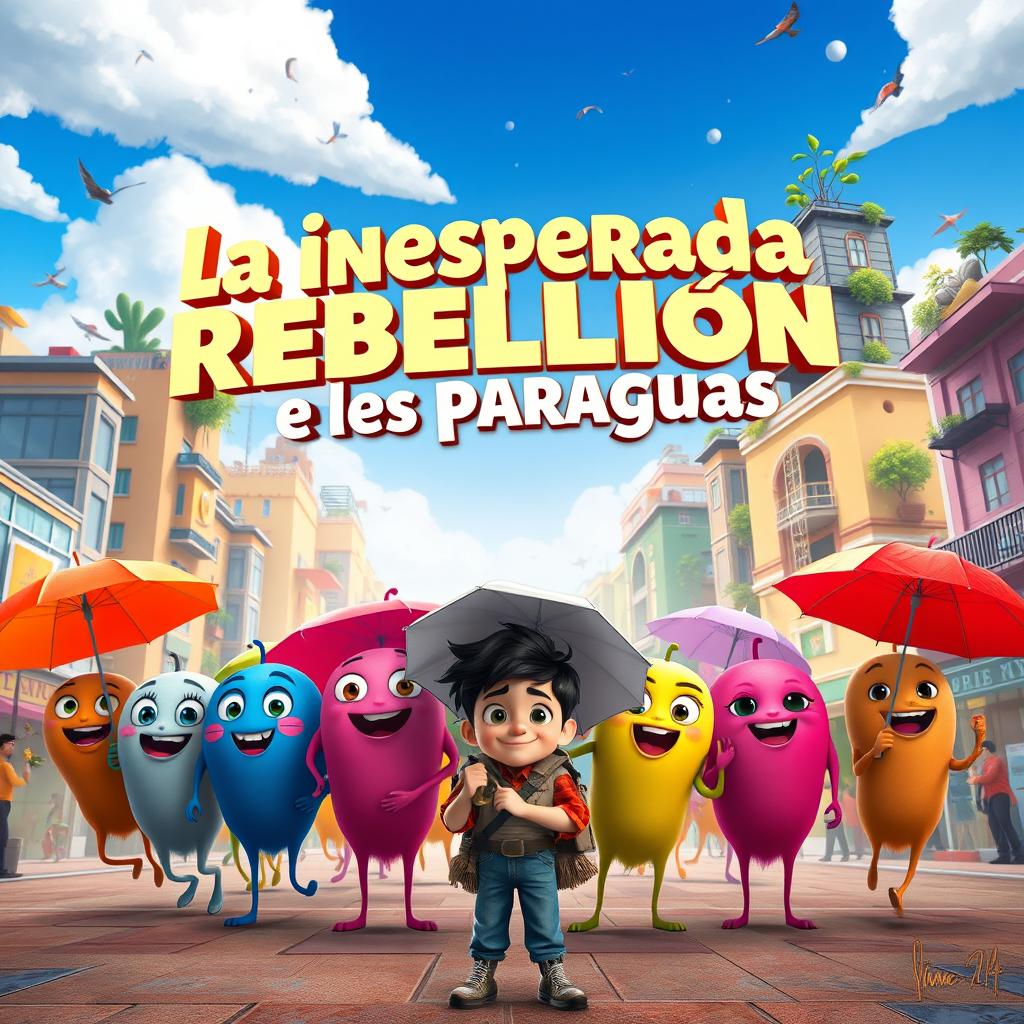 An epic Pixar-style movie poster for 'La inesperada rebelión de los paraguas'