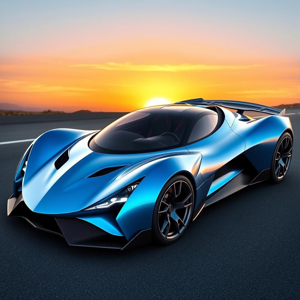 A futuristic sports car that doesn't exist, powered by a combustion engine, featuring a sleek aerodynamic design with smooth curves and sharp edges