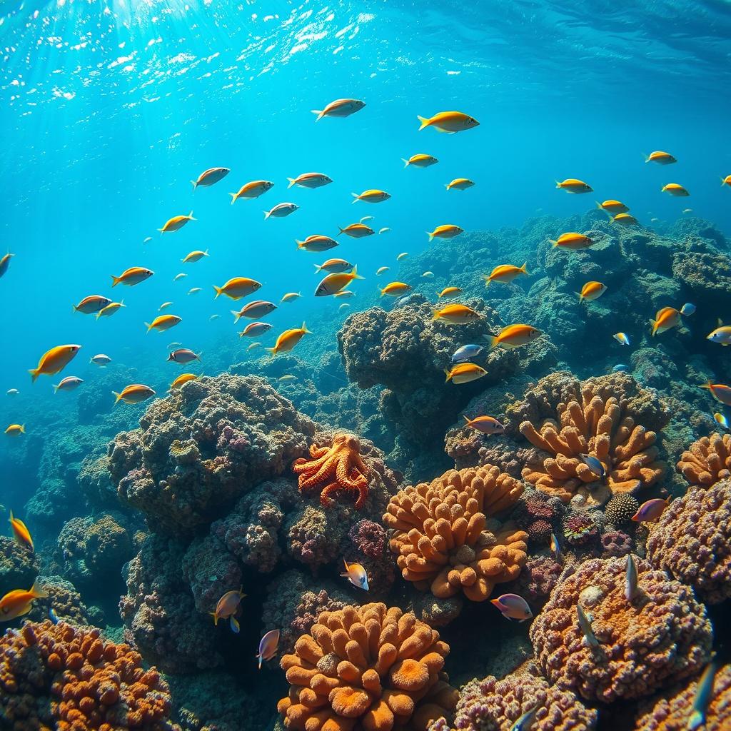 A stunning underwater scene featuring a vibrant coral reef filled with colorful fish swimming gracefully