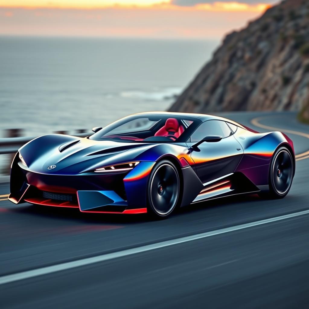 A futuristic, non-electric sports car that features a sleek, aerodynamic body design with sharp angles and aggressive lines
