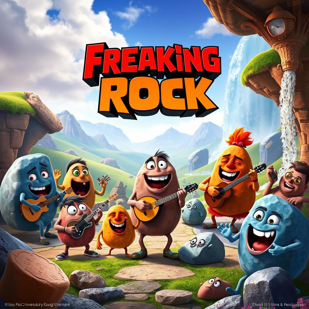 An epic Pixar-style movie poster for 'Freaking Rock'