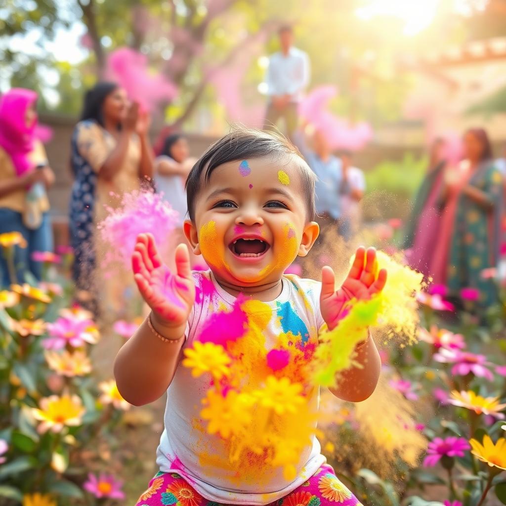 A joyful baby playing with colorful powders during Holi, the festival of colors