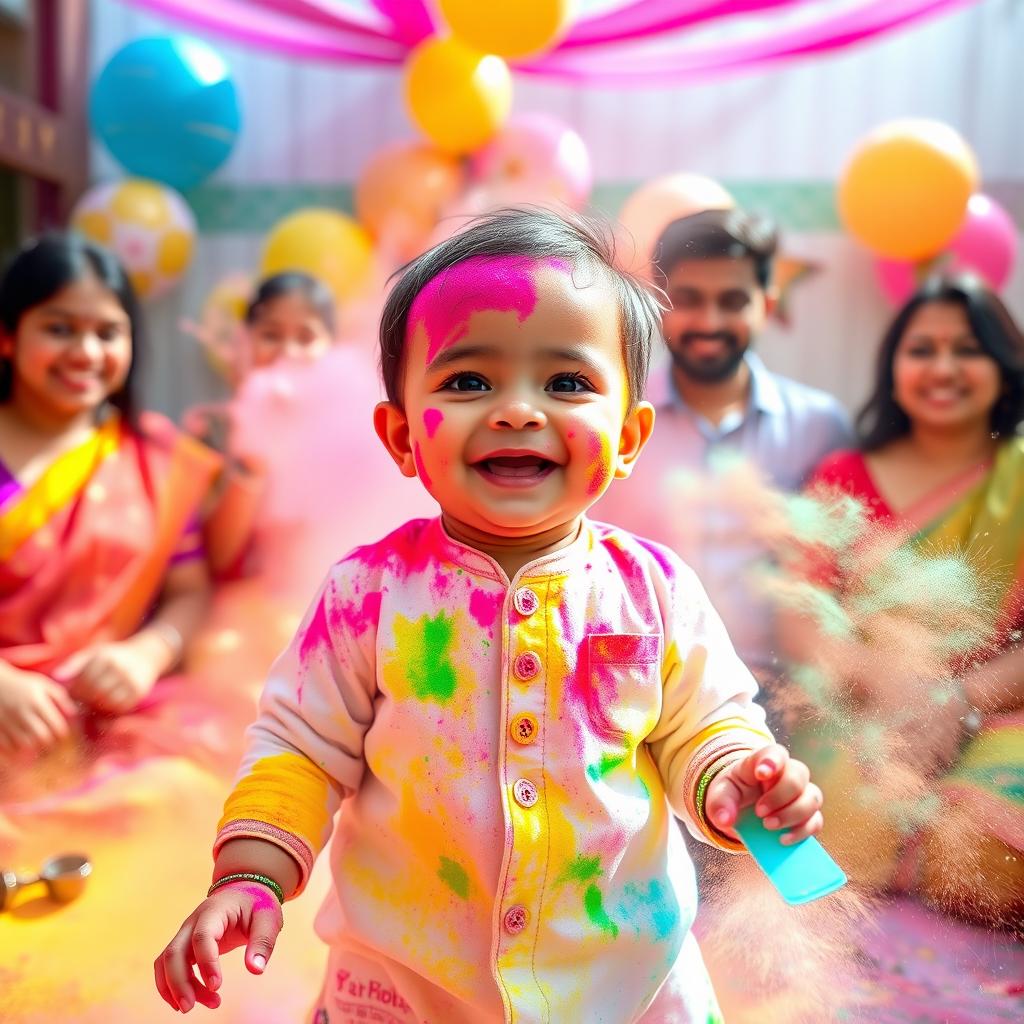 A festive scene depicting a joyful baby celebrating Holi, surrounded by vibrant colors and playful splashes of colored powders