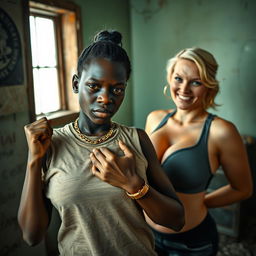 Inside a run-down room, a young, very short, malnourished, 20-year-old African woman with dark black skin and an angry expression, wearing an oversized gangster-style men's t-shirt, a gold watch, and a gold chain, with her short hair styled in a small ponytail and no earrings