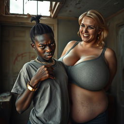 Inside a run-down room, a young, very short, malnourished, 20-year-old African woman with dark black skin and an angry expression, wearing an oversized gangster-style men's t-shirt, a gold watch, and a gold chain, with her short hair styled in a small ponytail and no earrings