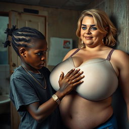 Inside a run-down room, a young, very short, malnourished, 20-year-old African woman with dark black skin and an angry expression, wearing an oversized gangster-style men's t-shirt, a gold watch, and a gold chain, with her short hair styled in a small ponytail and no earrings