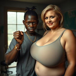 Inside a run-down room, a young, very short, malnourished, 20-year-old African woman with dark black skin and an angry expression, wearing an oversized gangster-style men's t-shirt, a gold watch, and a gold chain, with her short hair styled in a small ponytail and no earrings