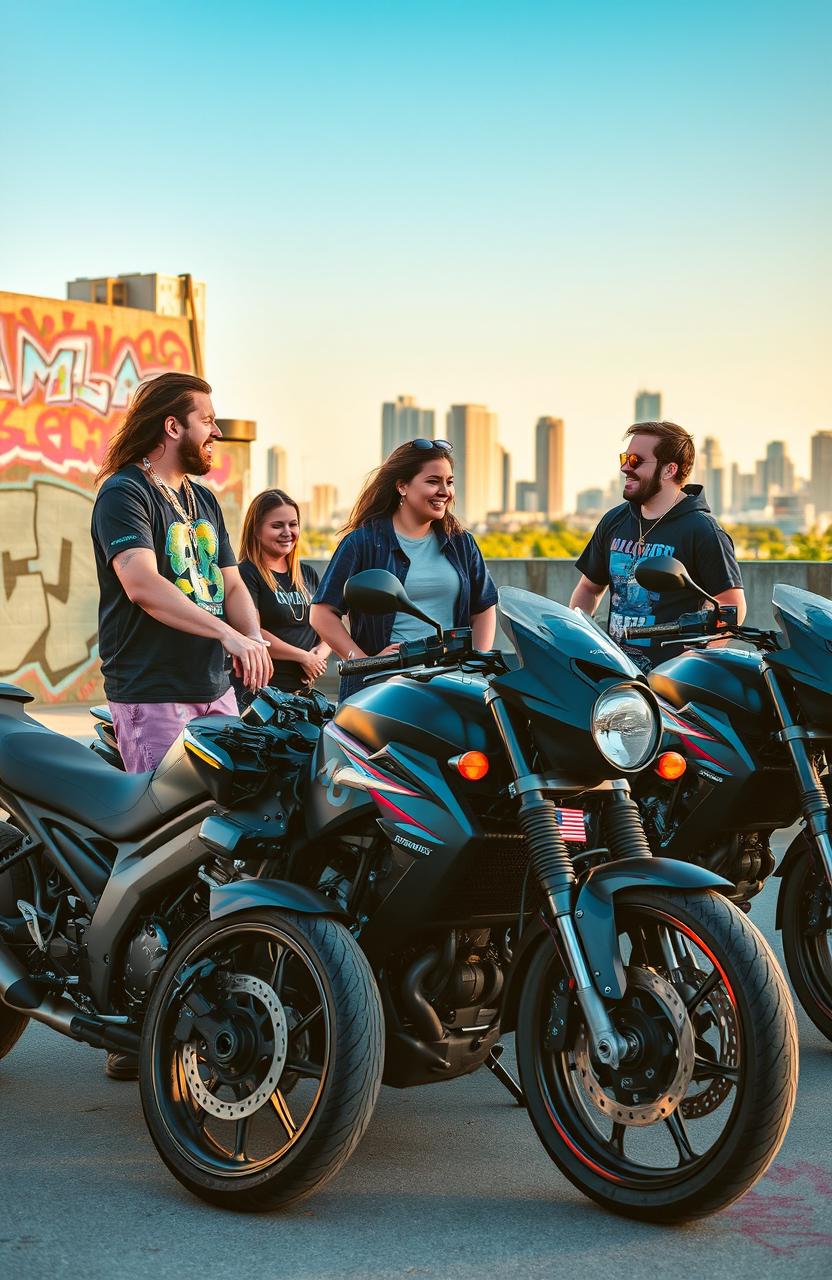 A group of motorcycle enthusiasts, dressed in casual streetwear, showcasing their modified motorcycles in an urban setting