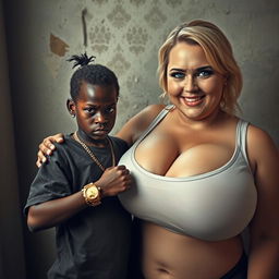 Inside a poor room, a young, very short, malnourished 20-year-old African woman with very dark skin and an angry expression, dressed in an oversized gangster-style men's t-shirt, a gold watch, and a thick hip-hop gold chain, appearing like a street dweller