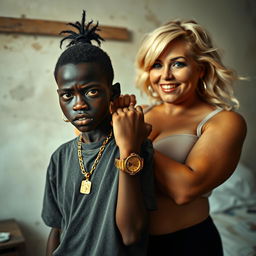Inside a poor room, a young, very short, malnourished 20-year-old African woman with very dark skin and an angry expression, dressed in an oversized gangster-style men's t-shirt, a gold watch, and a thick hip-hop gold chain, appearing like a street dweller