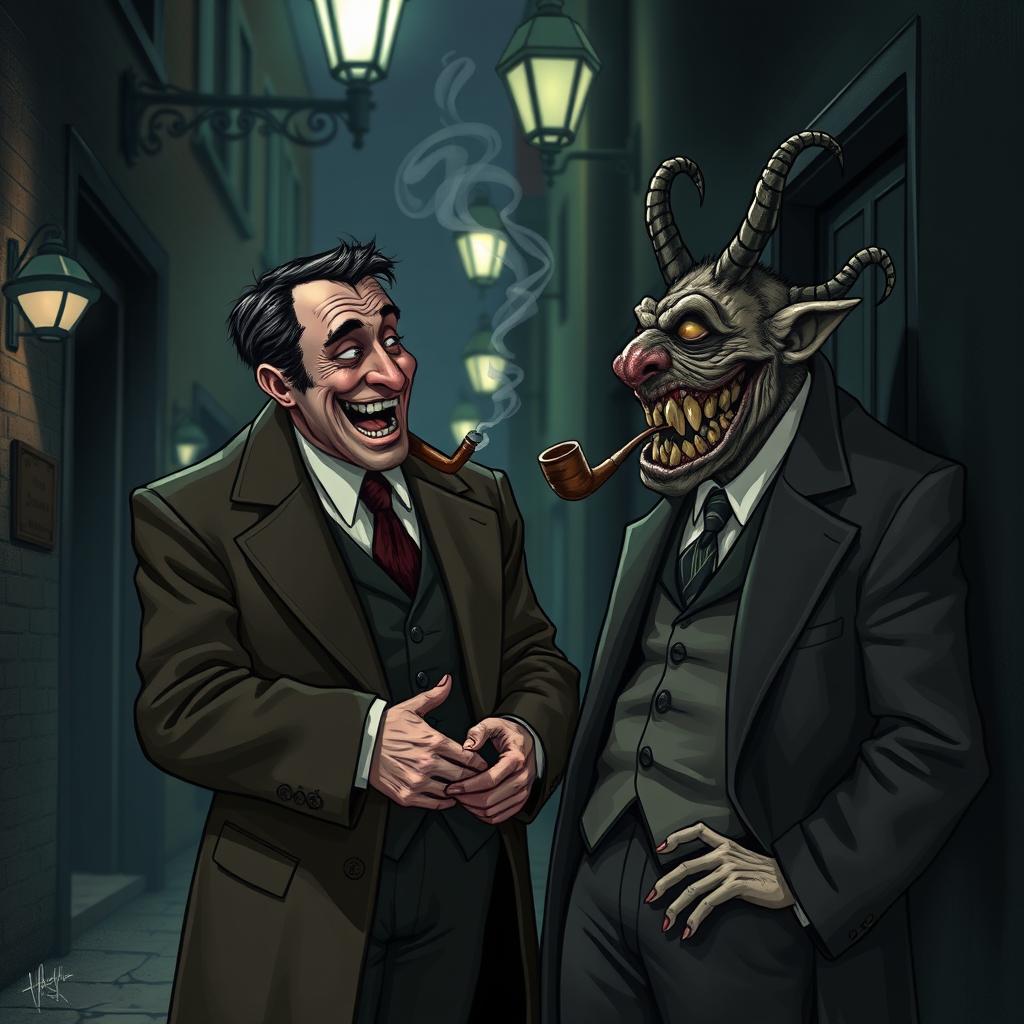 A sharply dressed man in a suit and a long overcoat, leaning casually with a pipe in his mouth, engaged in a lively conversation and laughing with a terrifying yet oddly friendly creature beside him