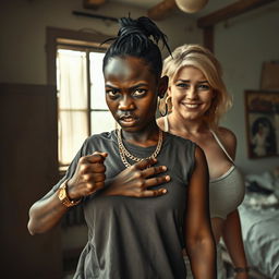 Inside a dilapidated room, a young, very short, malnourished 20-year-old African woman with deep black skin and an angry expression, dressed in an oversized gangster-style men's t-shirt, showcasing a gangster tattoo on her hand, a gold watch, and a thick hip-hop gold chain, appearing as a street dweller