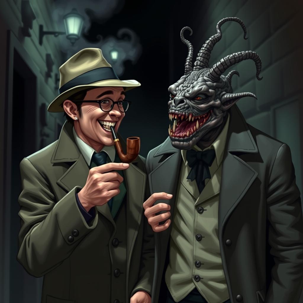 A suited individual wearing a stylish overcoat and detective hat, smoking a pipe while laughing and engaging in conversation with a terrifying creature that is his friend