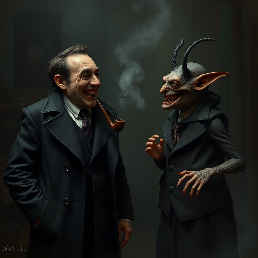A realistic and lifelike scene featuring a man in a sharp suit and coat, engaged in a conversation with a frightful-looking creature that seems friendly