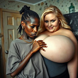 In a rundown room, a very short, malnourished 20-year-old African woman with dark black skin and an angry expression, dressed in an oversized gangster-style men's t-shirt