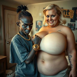 In a rundown room, a very short, malnourished 20-year-old African woman with dark black skin and an angry expression, dressed in an oversized gangster-style men's t-shirt