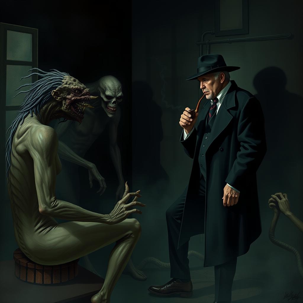 A mysterious scene featuring a well-dressed man in a suit and a long coat, resembling a detective, engaging in a conversation with several eerie creatures