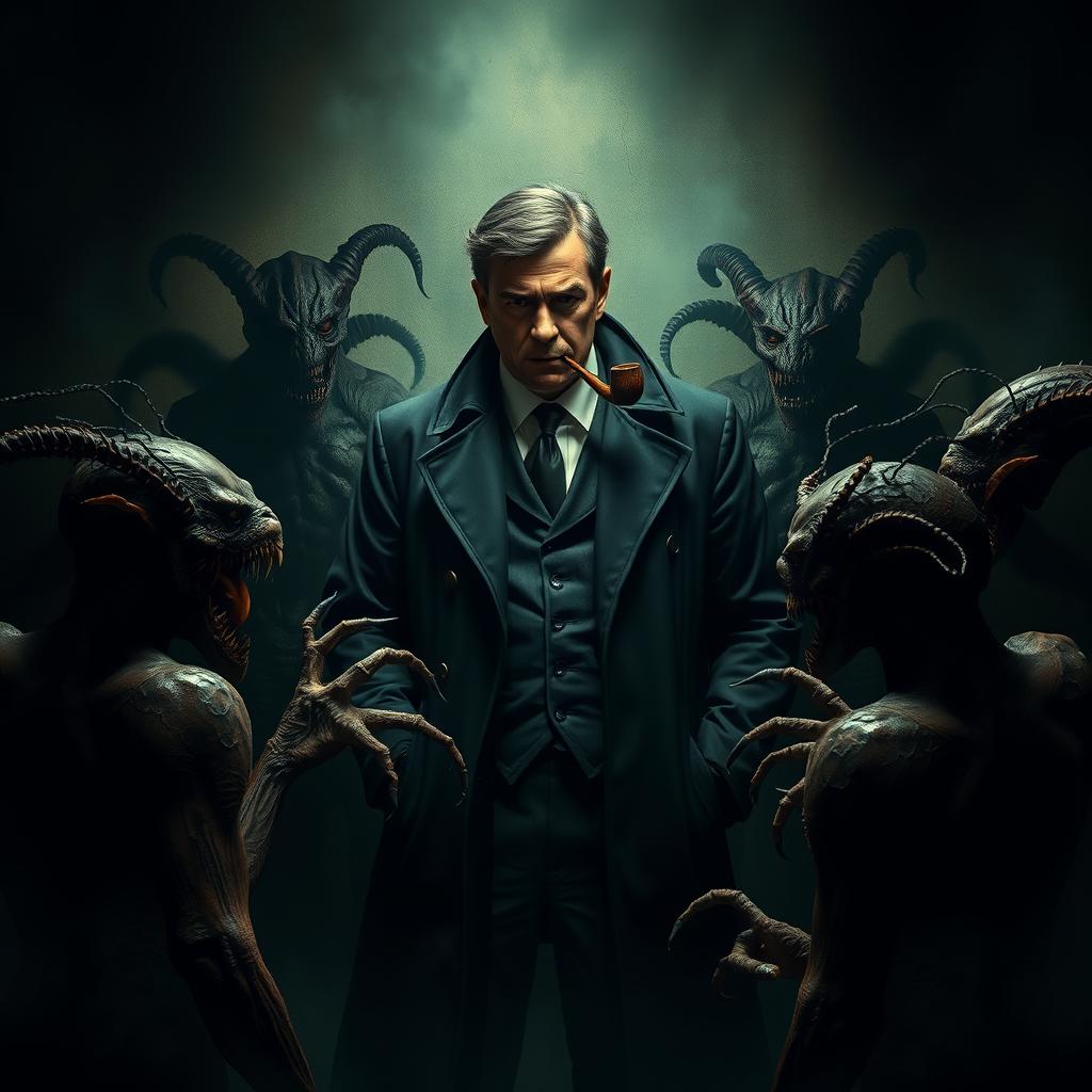 A mysterious and intriguing scene featuring a man in a suit with a serious expression, wearing a black trench coat and smoking a pipe