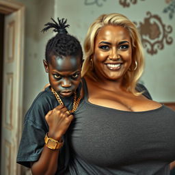 In a poor room, a young, very short, malnourished 20-year-old Black African woman with deep black skin and a fierce, angry expression, wearing an oversized gangster-style men's t-shirt