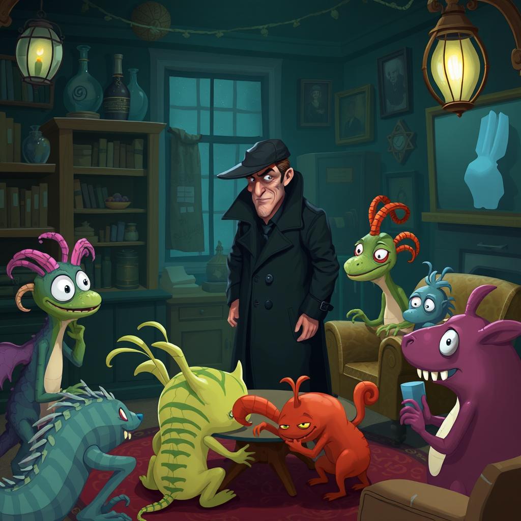 A mysterious detective wearing a long black coat, engaged in a serious conversation with several peculiar creatures surrounding him in a cozy room