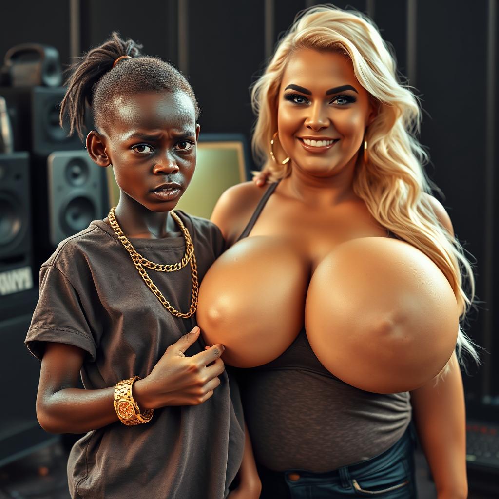 In a rap music studio setting, a very short, malnourished 20-year-old Black African woman with deep black skin and an angry expression, dressed in an oversized gangster-style men's t-shirt