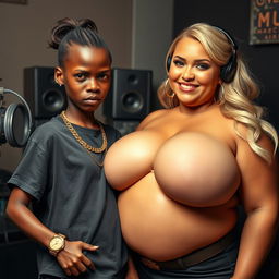 In a rap music studio setting, a very short, malnourished 20-year-old Black African woman with deep black skin and an angry expression, dressed in an oversized gangster-style men's t-shirt