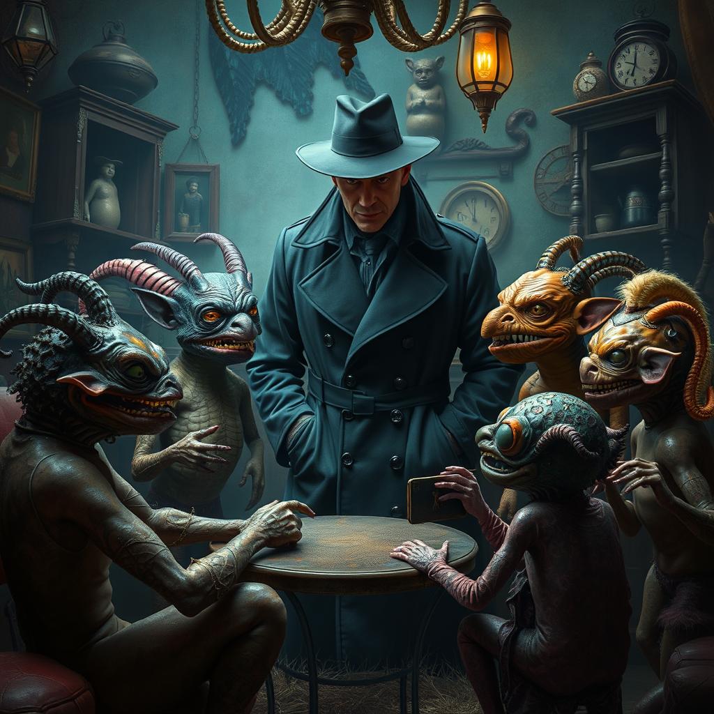 A mysterious detective wearing a strange black trench coat, engaged in a serious conversation with several bizarre creatures surrounding him in a quirky room